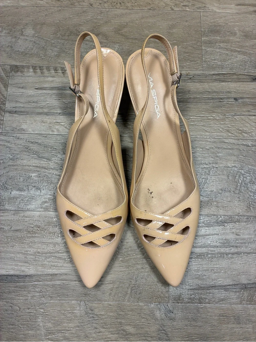 Via Spiga Italy Patent Leather Pointy Cut Out Slingback Kitten Heels